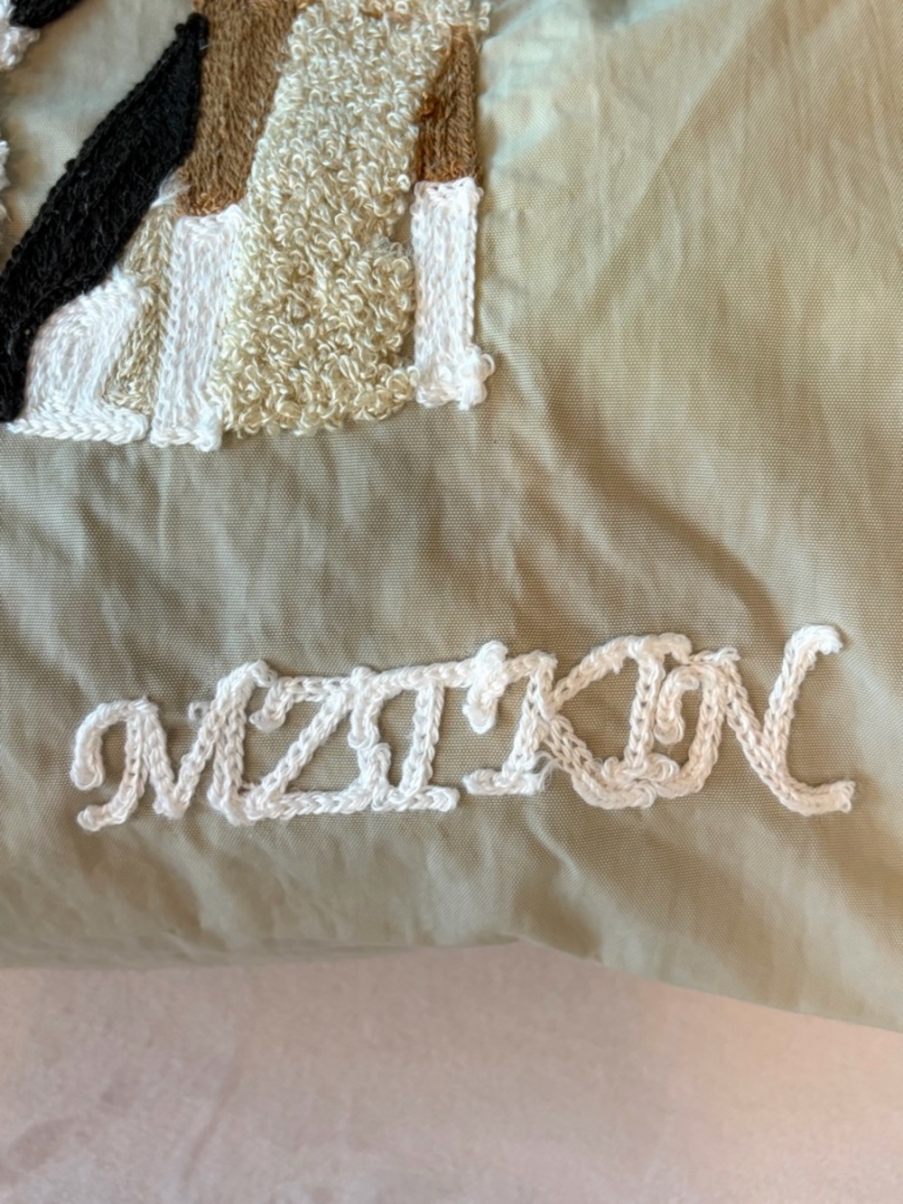 Mztkin nylon tote, cord handles, embroidered dogs in glasses, M, beige, like new - Picture 12 of 12